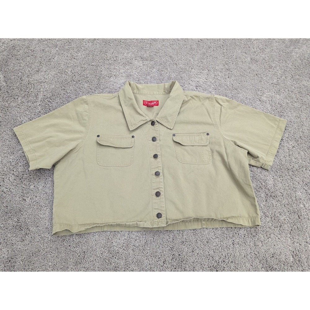 Vintage Venezia Jeans Button Up Shirt Womens 24 Cropped Short Sleeve Denim Beige